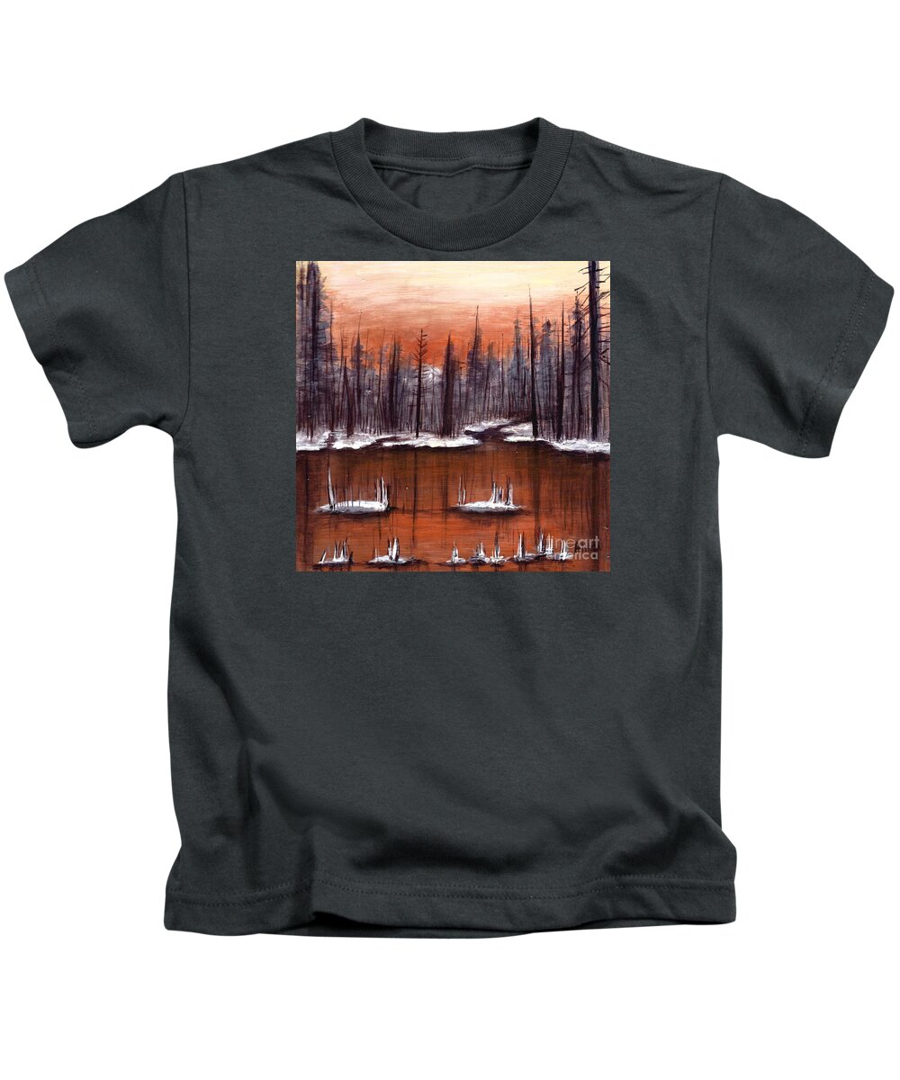 #snow #trees #water #forests #lakes #frozen #landscapes #glow #copper Kids T-Shirt featuring the painting Snow Glow by Allison Constantino