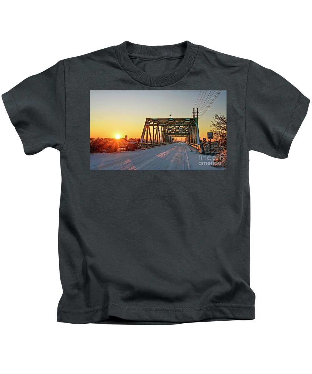 Sunrise Kids T-Shirt featuring the photograph Snowy Bridge by DJA Images