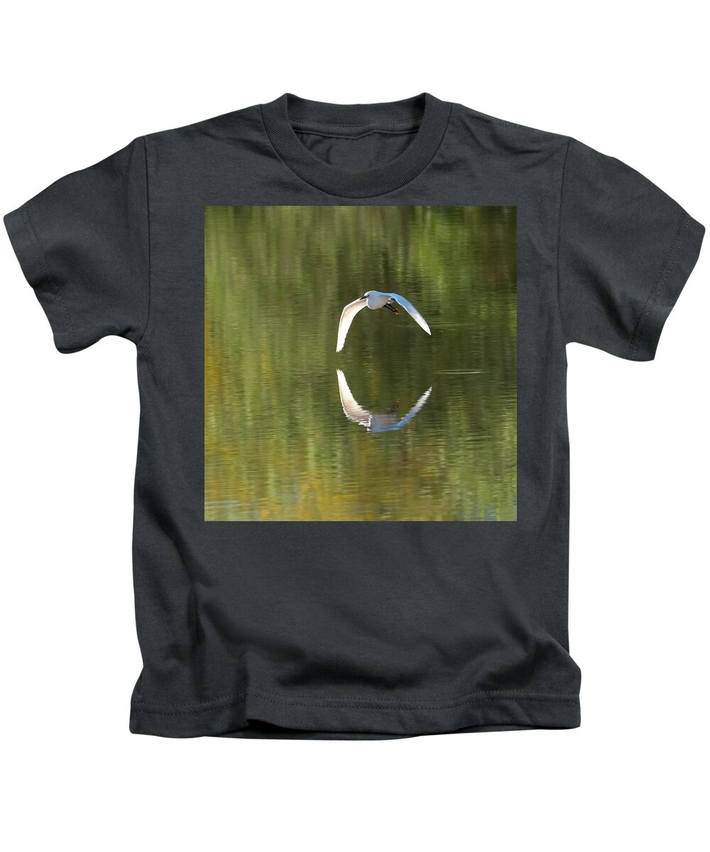 Snowy Egret Kids T-Shirt featuring the photograph Snowy Egret Flight Reflection by Tam Ryan