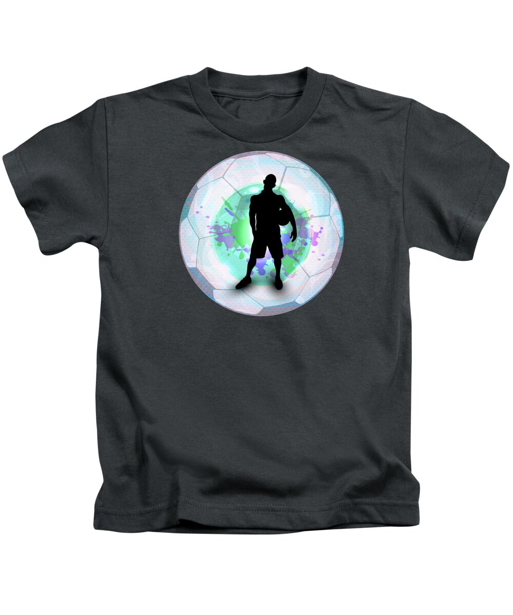 Soccer Kids T-Shirt featuring the painting Soccer Player Posing with Ball Soccer Background by Elaine Plesser