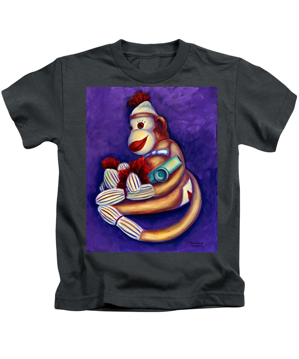 Children Kids T-Shirt featuring the painting Sock Monkey With Kazoo by Shannon Grissom