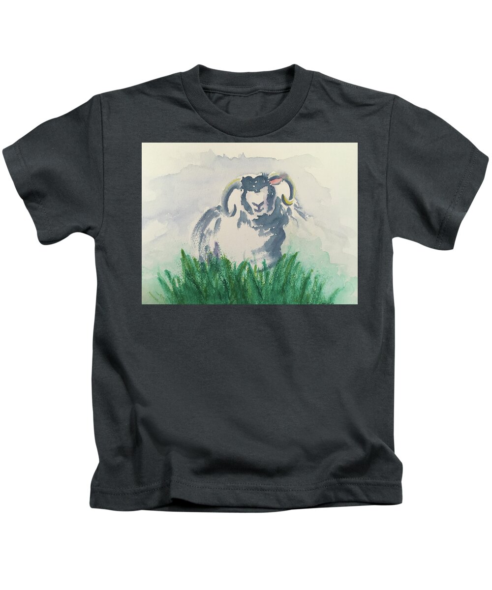 Sheep Kids T-Shirt featuring the painting Solitary Smiling Sheep by Christine Marie Rose
