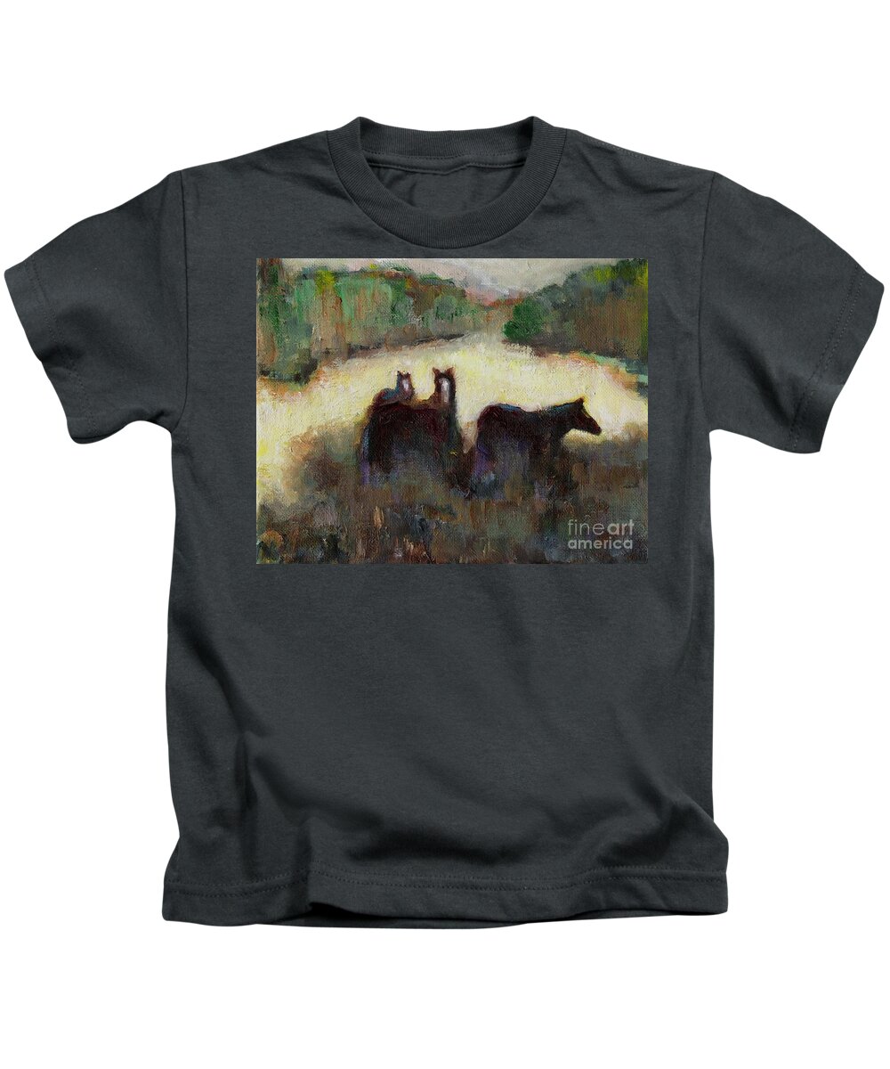 Horses Kids T-Shirt featuring the painting Sometimes We Need To Get Out of The Heat by Frances Marino