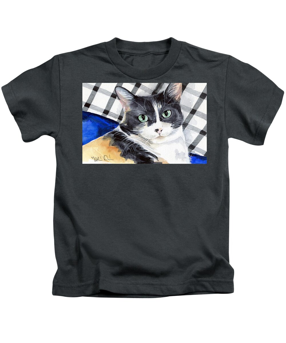 Southpaw Kids T-Shirt featuring the painting Southpaw - Calico Cat Portrait by Dora Hathazi Mendes