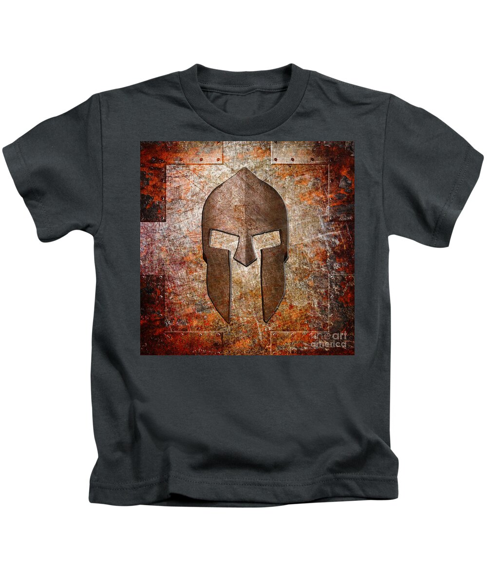 Spartan Kids T-Shirt featuring the digital art Spartan Helmet on Rusted Riveted Metal Sheet by Fred Ber