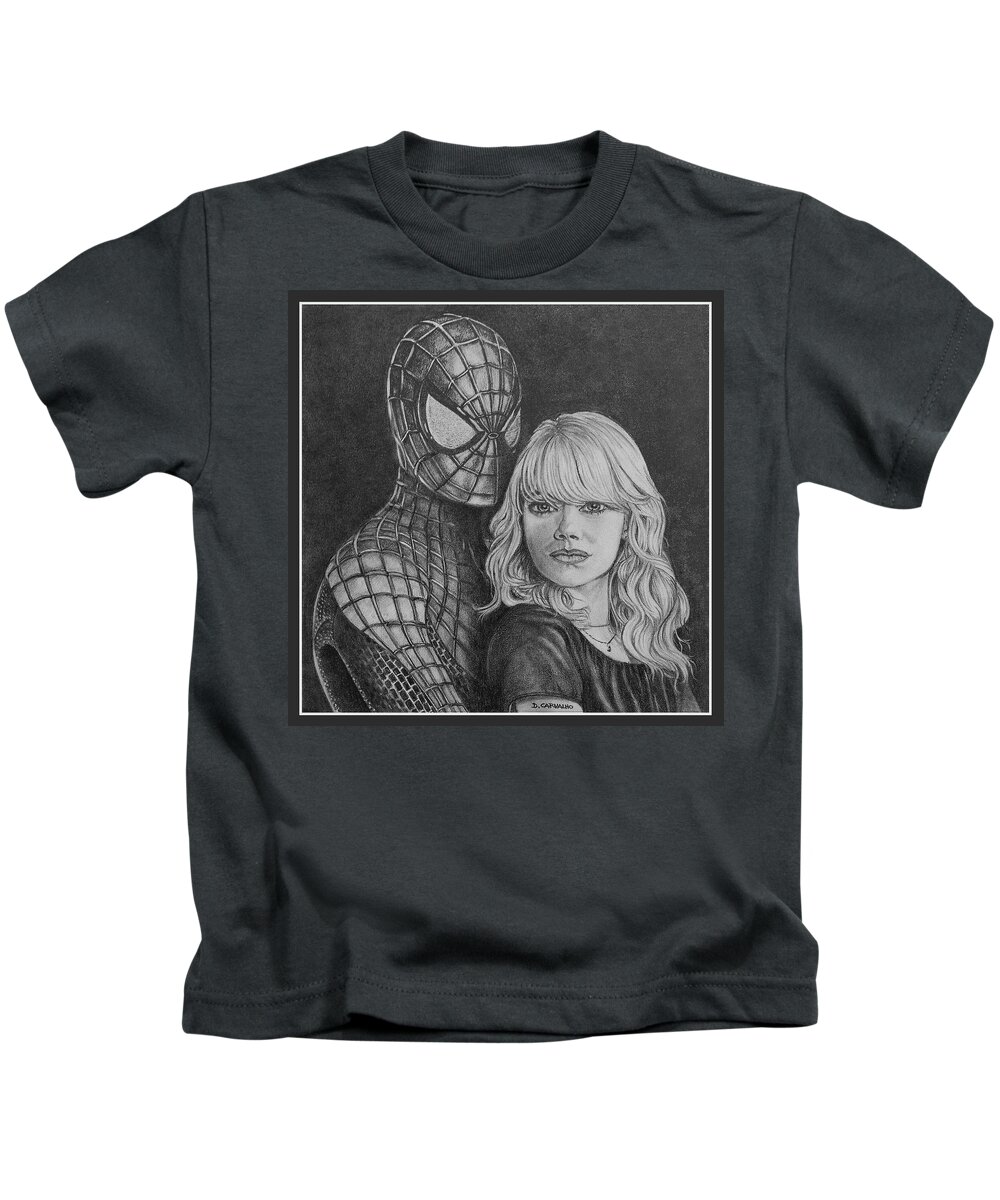 Pencil Kids T-Shirt featuring the drawing Spidey and Gwen by Daniel Carvalho