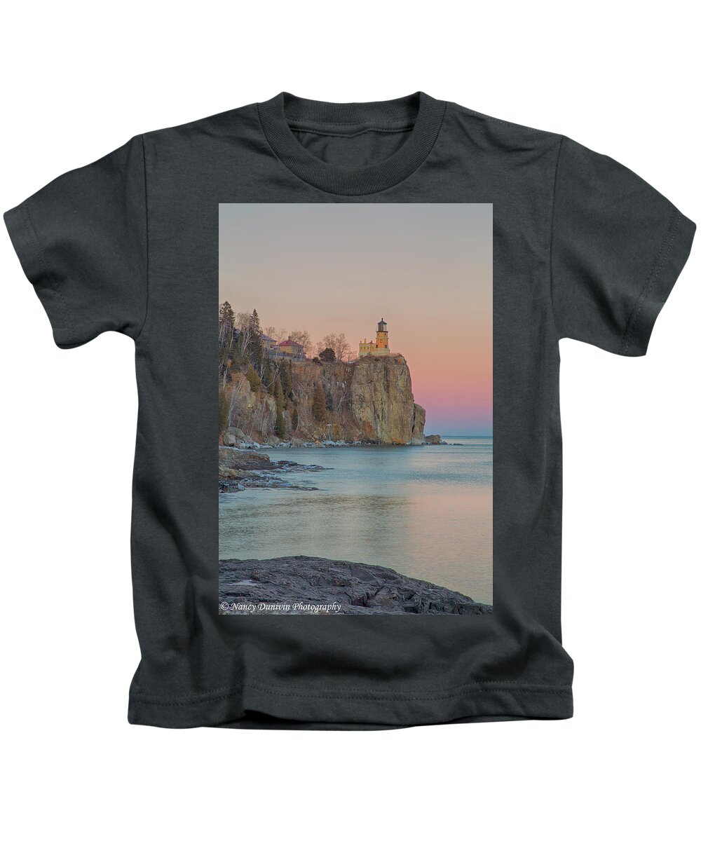 Minnesota Kids T-Shirt featuring the photograph Split Rock Lighthouse Golden Hour by Nancy Dunivin