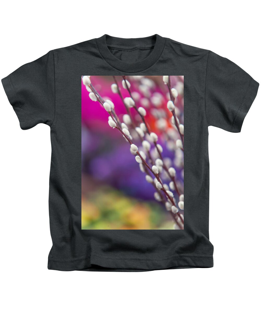 Jenny Rainbow Fine Art Photography Kids T-Shirt featuring the photograph Spring willow branch of white furry catkins by Jenny Rainbow