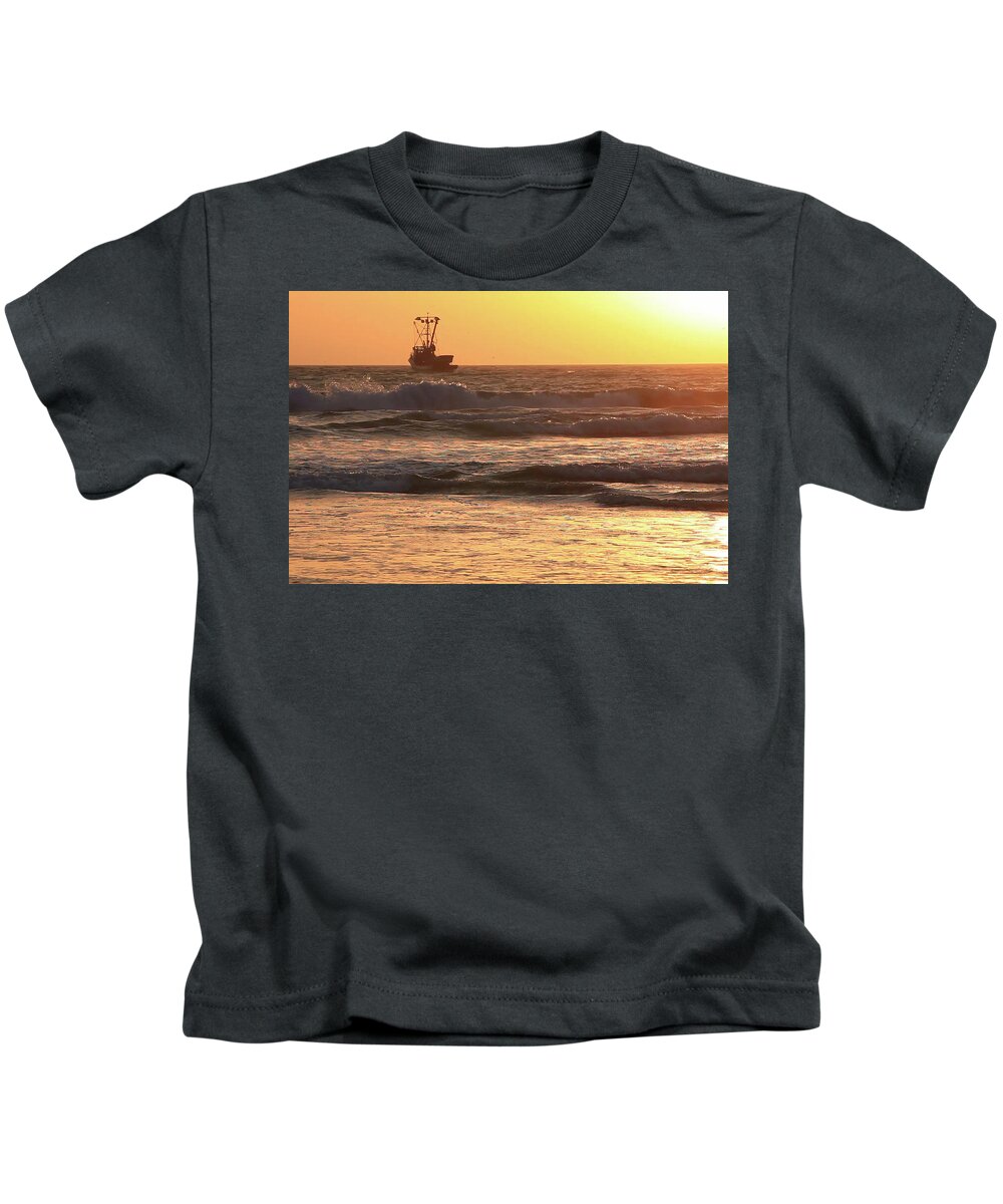 Sunset Kids T-Shirt featuring the photograph Squid Boat Golden Sunset by John A Rodriguez