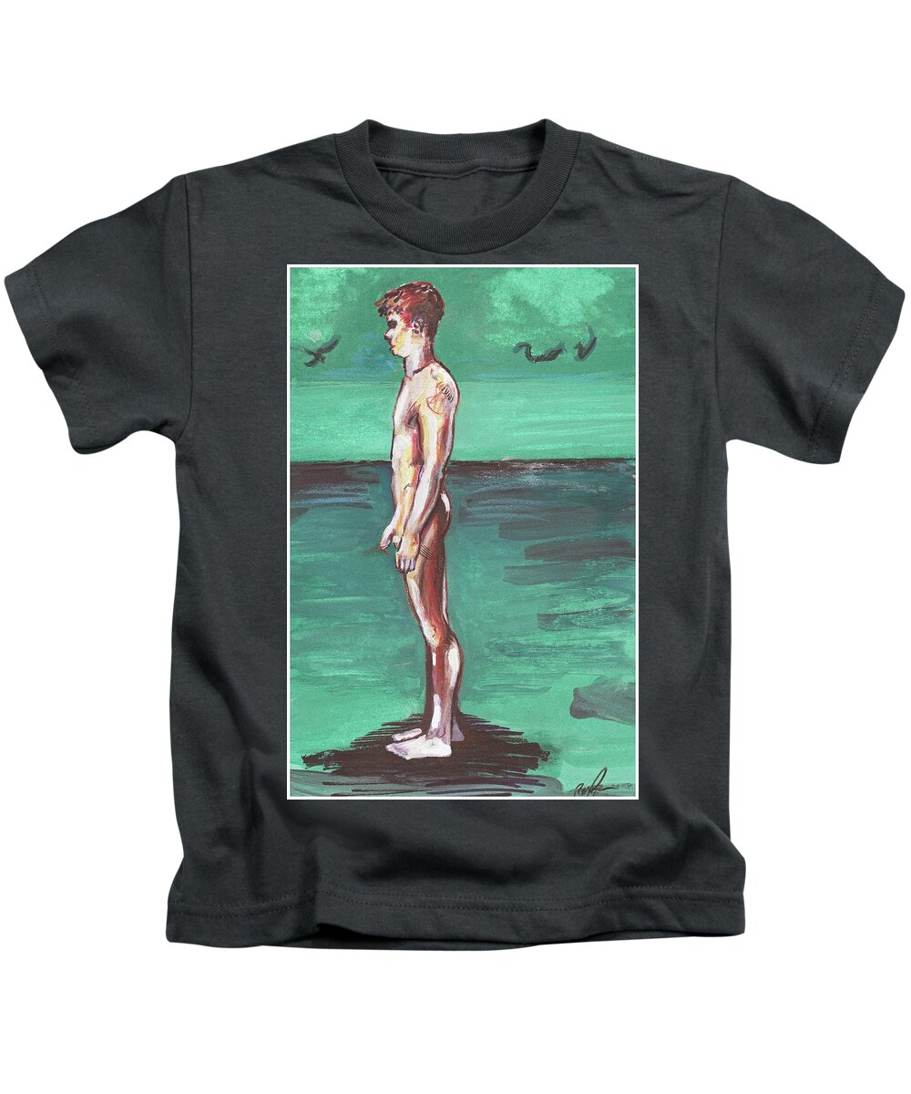 Nude Figure Kids T-Shirt featuring the painting Standig on a Cold Beach with Hesitation by Rene Capone