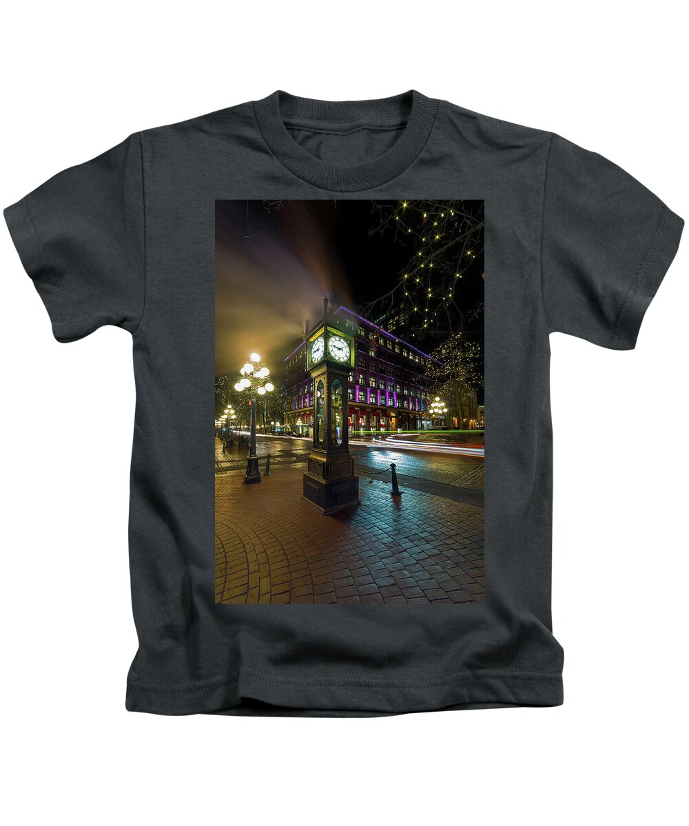 Steam Kids T-Shirt featuring the photograph Steam Clock in Gastown Vancouver BC at Night by David Gn