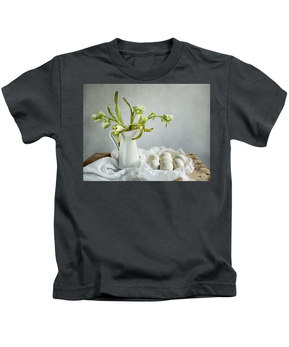 Still Life Kids T-Shirt featuring the photograph Still Life with Tulips and Eggs by Nailia Schwarz