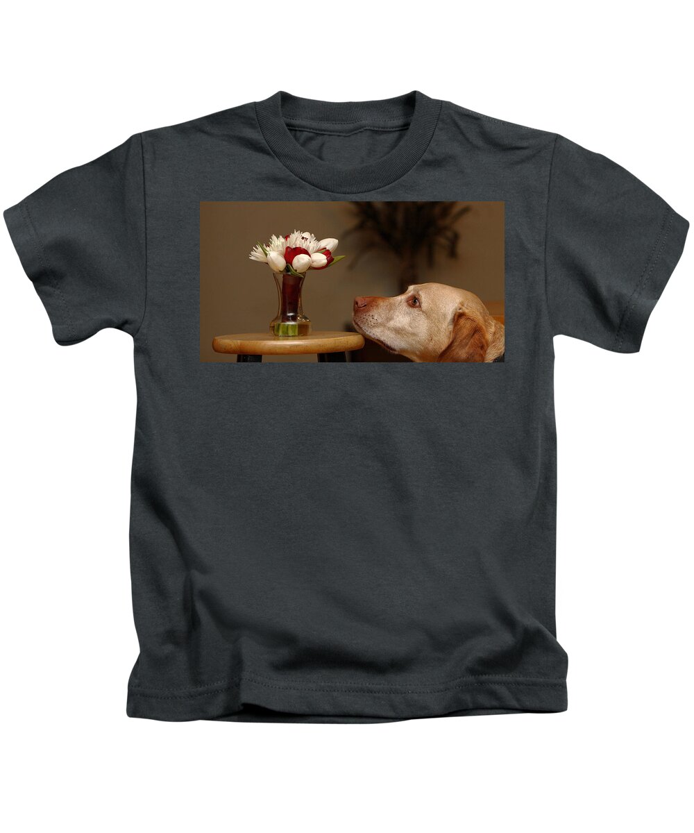 Dog Kids T-Shirt featuring the photograph Stop And Smell The Roses by David Andersen