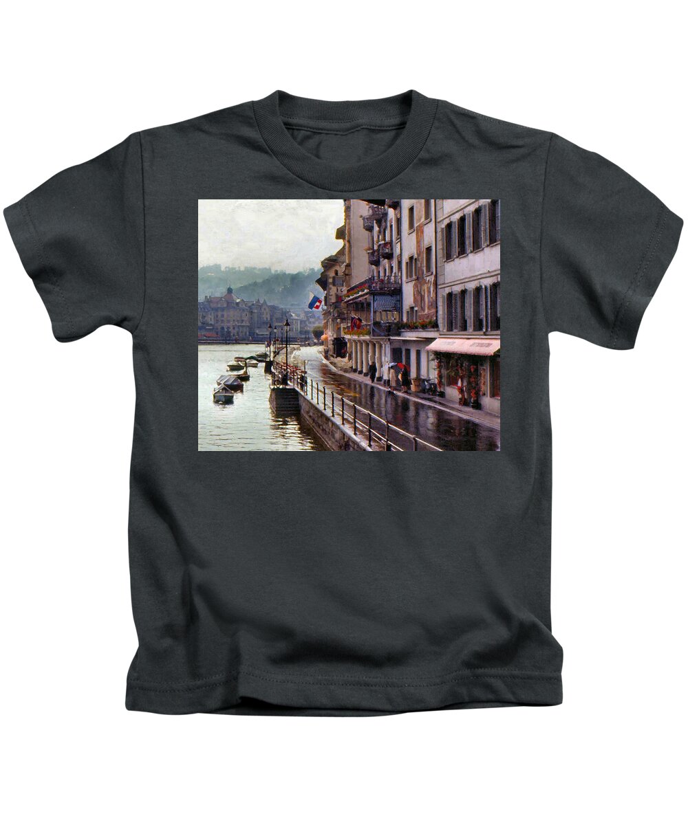 Switzerland Kids T-Shirt featuring the photograph Stormy Lucerne Cafe by Lin Grosvenor