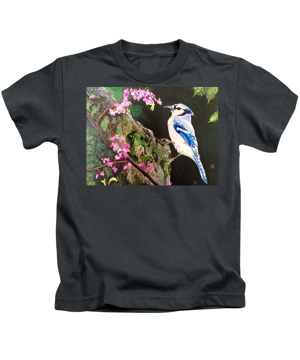 Blue Jay Kids T-Shirt featuring the painting Stump sitter by Sonja Jones