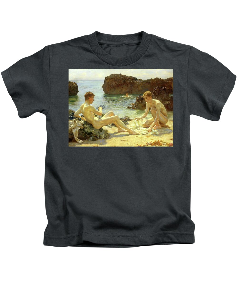 Henry Scott Tuke Kids T-Shirt featuring the painting Sun Bathers by Henry Scott Tuke