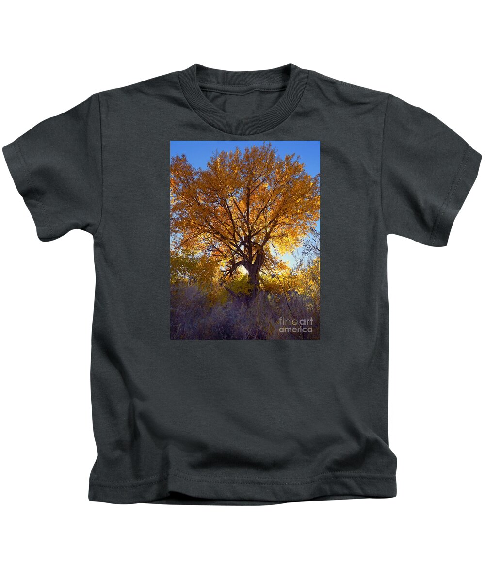 Golden White Light Shining Through The Leaves Kids T-Shirt featuring the digital art Sun through golden leaves by Annie Gibbons