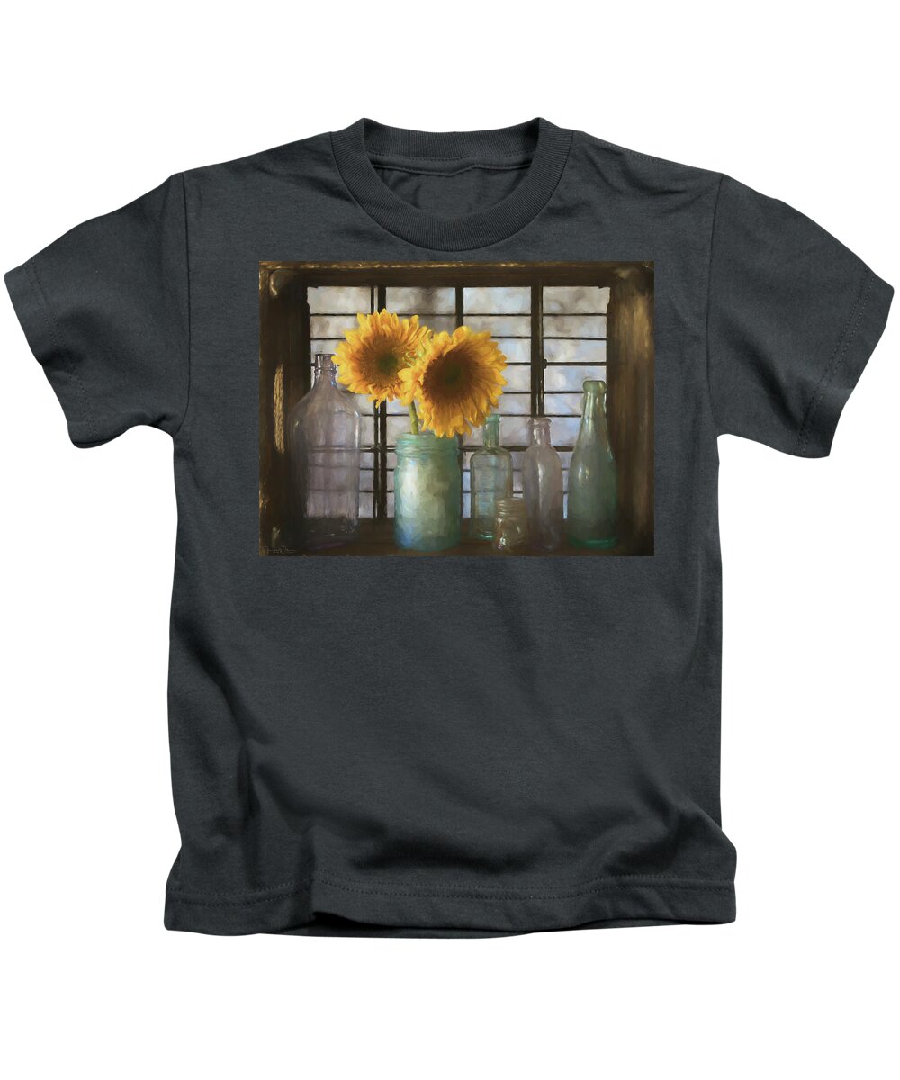 Sunflowers Kids T-Shirt featuring the mixed media Sunflowers and Bottles by Teresa Wilson