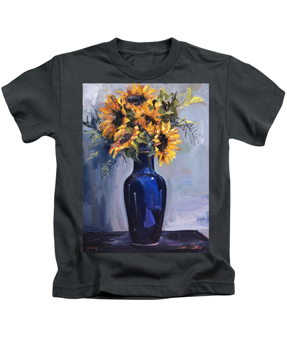 Sunflower Kids T-Shirt featuring the painting Sunflowers in a Blue Vase by Donna Tuten