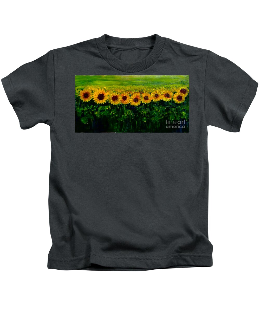 Sun Flowers Kids T-Shirt featuring the painting Sunflowers in a row by Asha Sudhaker Shenoy