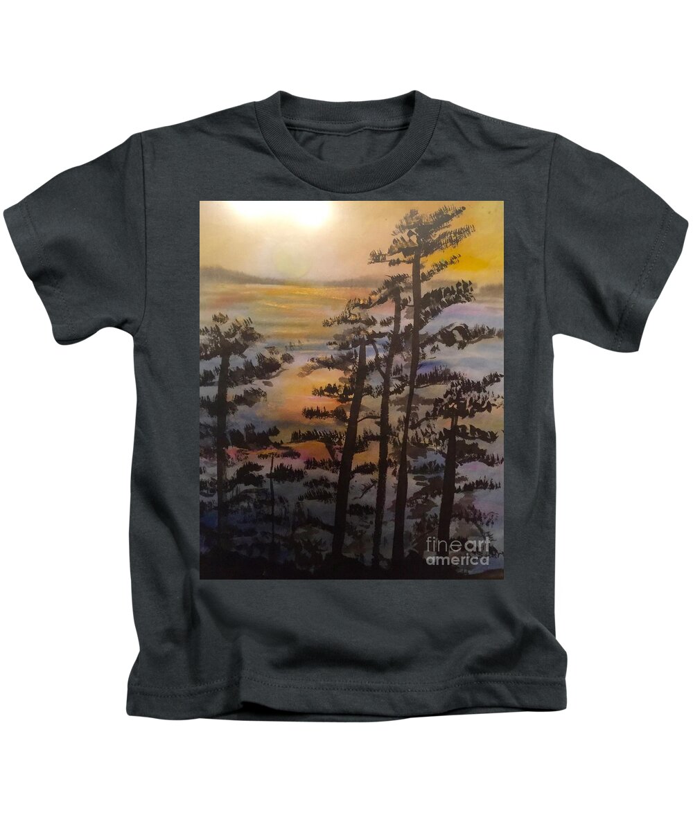  Sunrise Landscape Lake Ocean Trees Chinese Kids T-Shirt featuring the painting Sunrise by Carol DENMARK