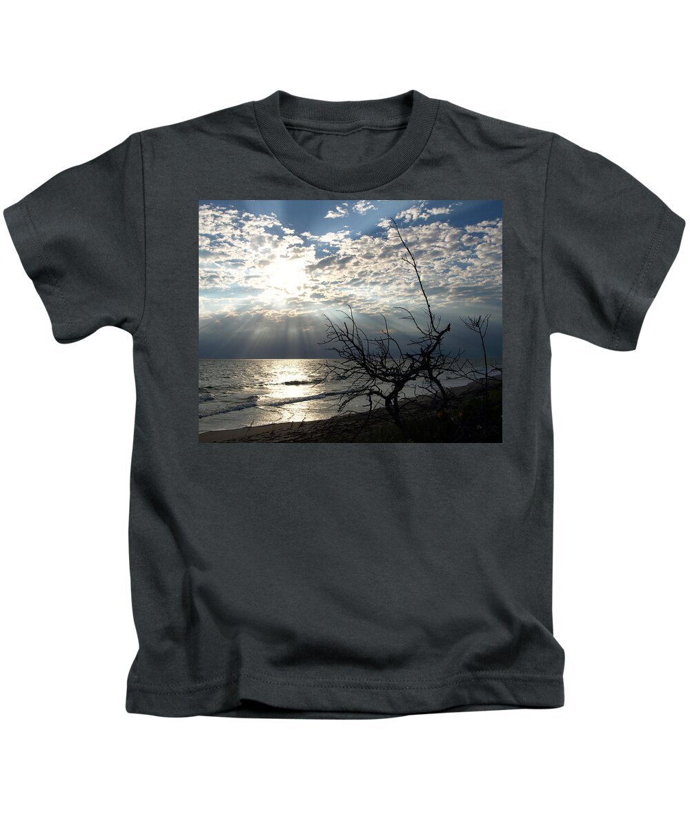 Morning; Sun; Rise; Sunrise; Sunset; Space; Coast; Melbourne; Beach; Florida; Shore; Rays; Fog; Mist Kids T-Shirt featuring the photograph Sunrise Prayer On The Beach by Allan Hughes