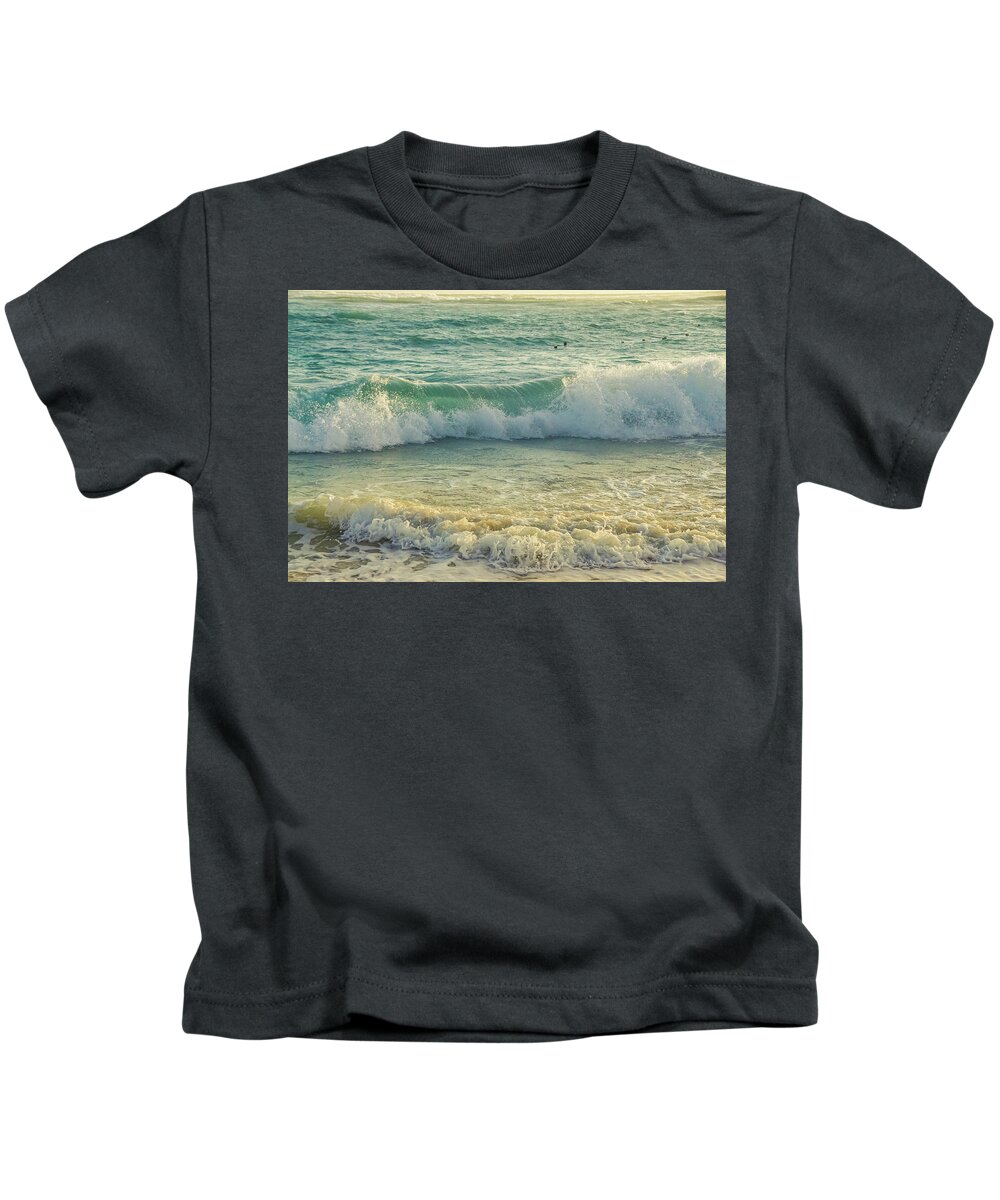 #beach. Kids T-Shirt featuring the photograph Sunrise Waves by Rebekah Zivicki