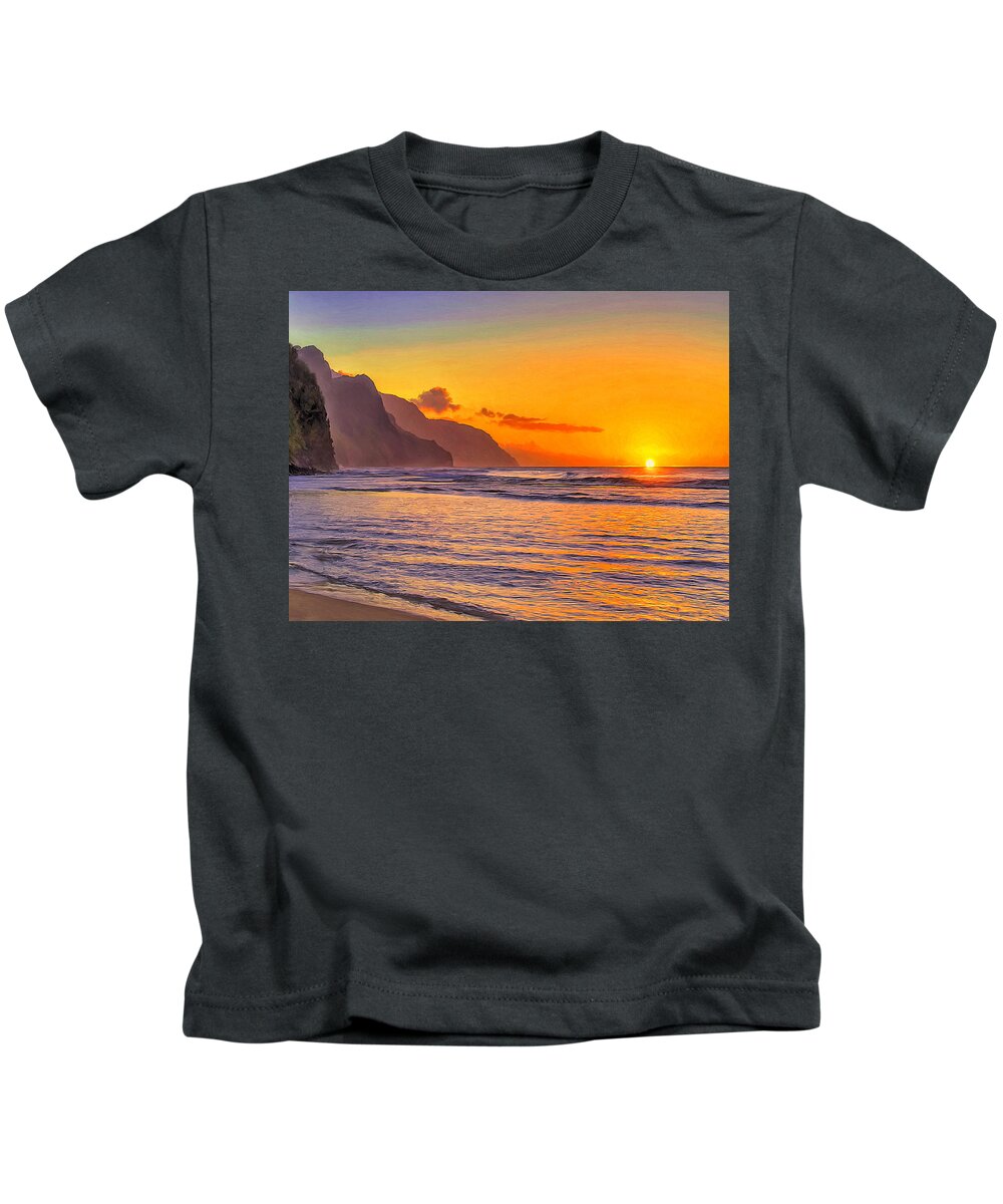 Hawaii Kids T-Shirt featuring the painting Sunset at Ke'e Beach Kauai by Dominic Piperata