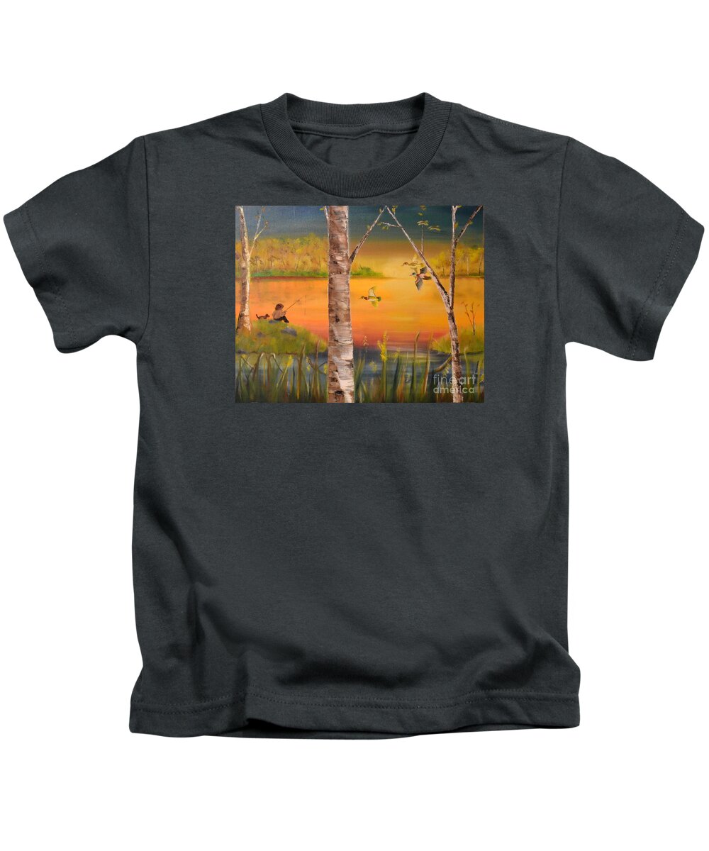 Lake Kids T-Shirt featuring the painting Sunset Fishing by Denise Tomasura