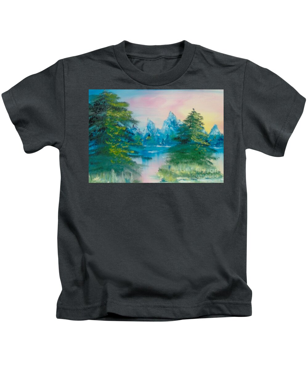 Landscape Kids T-Shirt featuring the painting Sunset Lake by Saundra Johnson