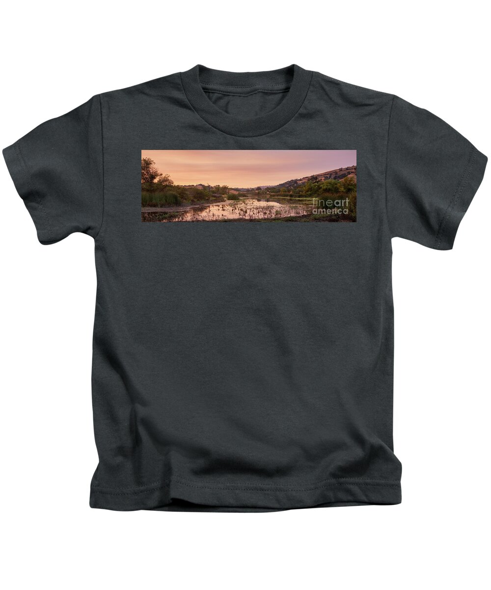 San Francisco Kids T-Shirt featuring the photograph Sunset on Halls Valley Lake - Soft Light, Warm by Dean Birinyi