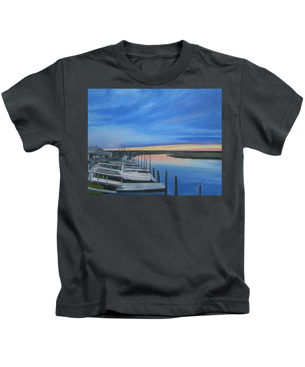 Painting Kids T-Shirt featuring the painting Sunset On The Docks by Paula Pagliughi