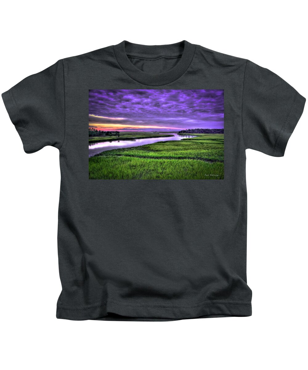 Reid Callaway Sunset Over Turners Creek Images Kids T-Shirt featuring the photograph Savannah GA Sunset Over Turners Creek Landscape Seascape Art by Reid Callaway
