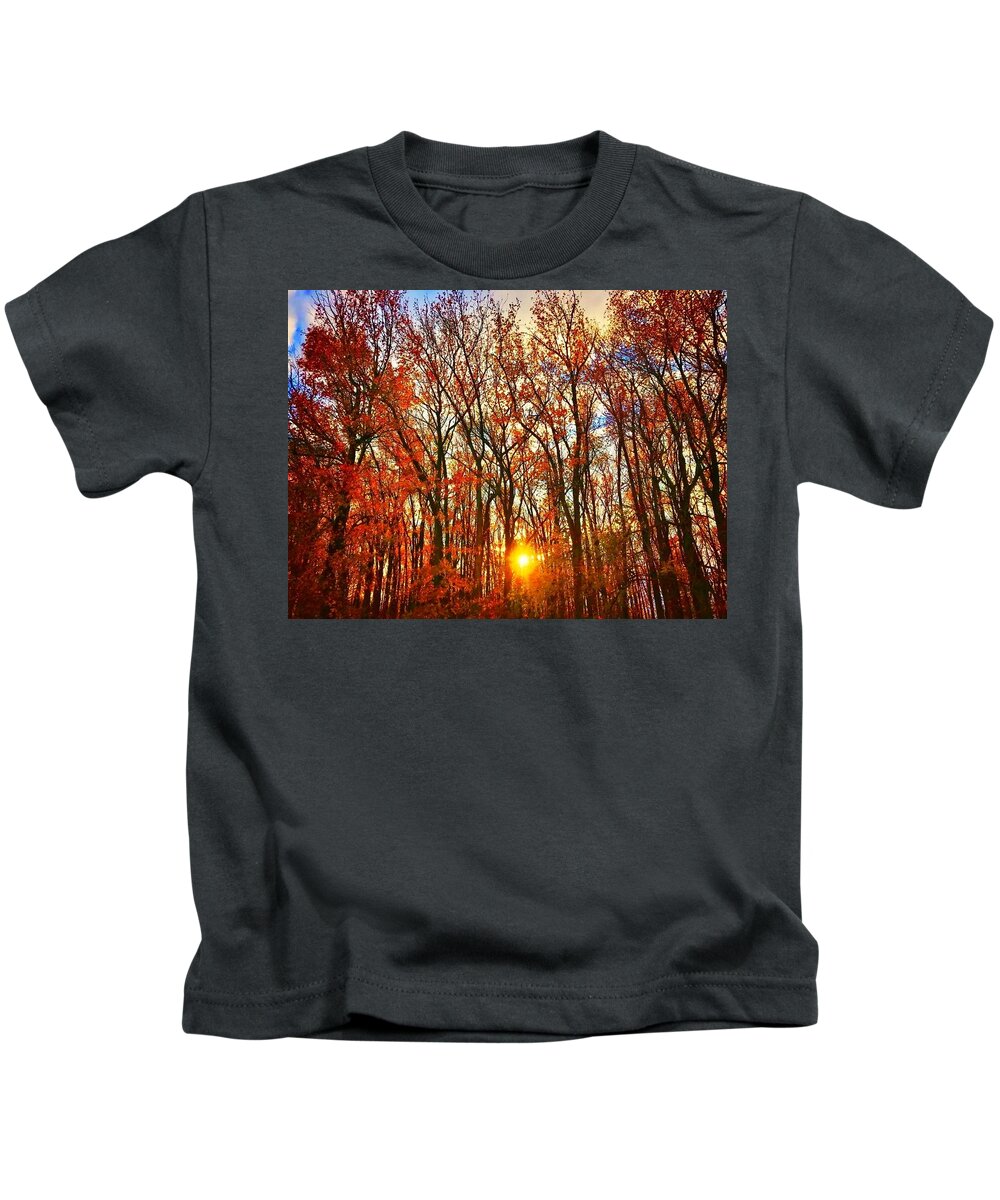 Woods Kids T-Shirt featuring the photograph Sunset through the Woods by Shawn M Greener
