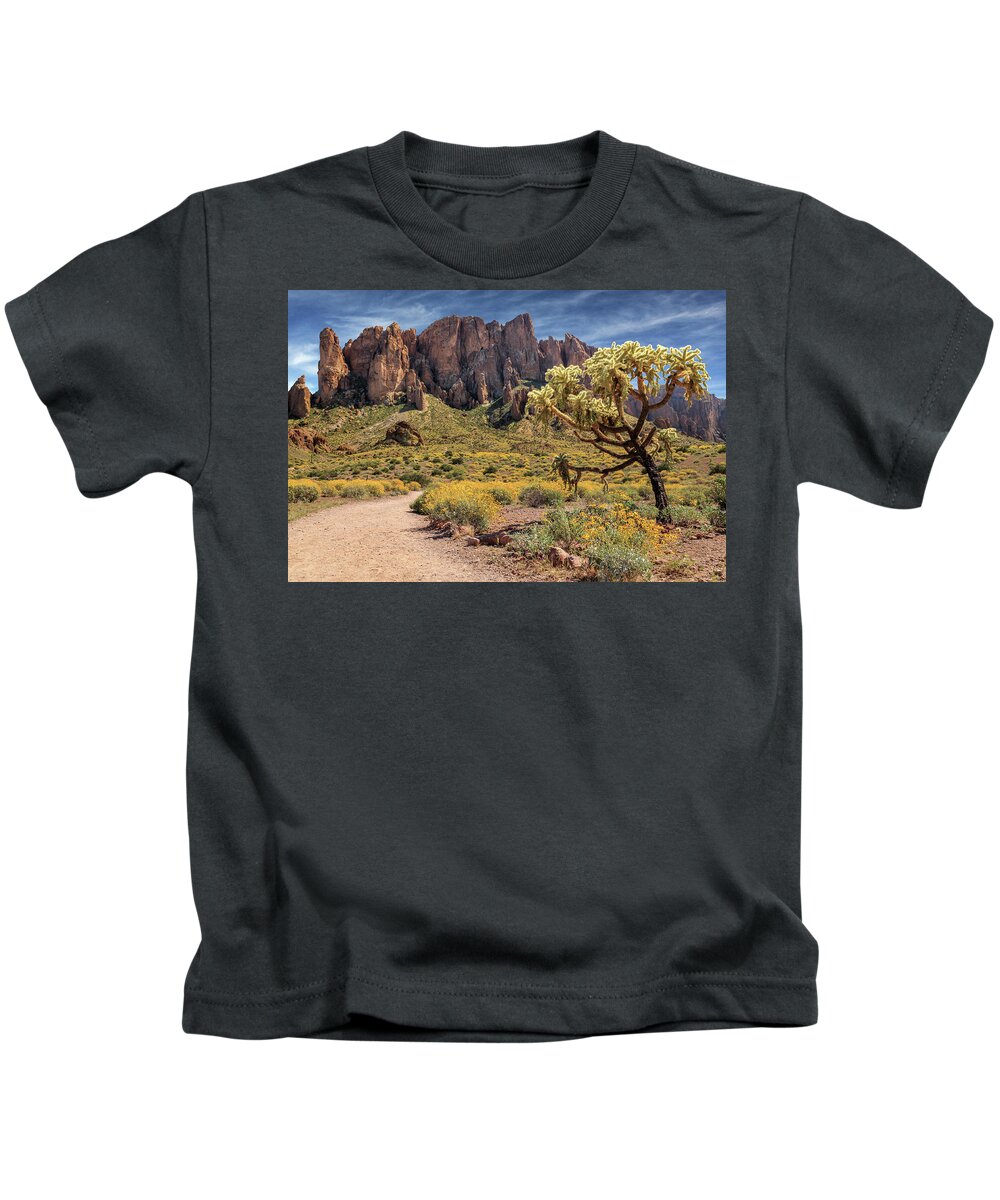 Superstition Mountains Kids T-Shirt featuring the photograph Superstition Mountain Cholla by James Eddy