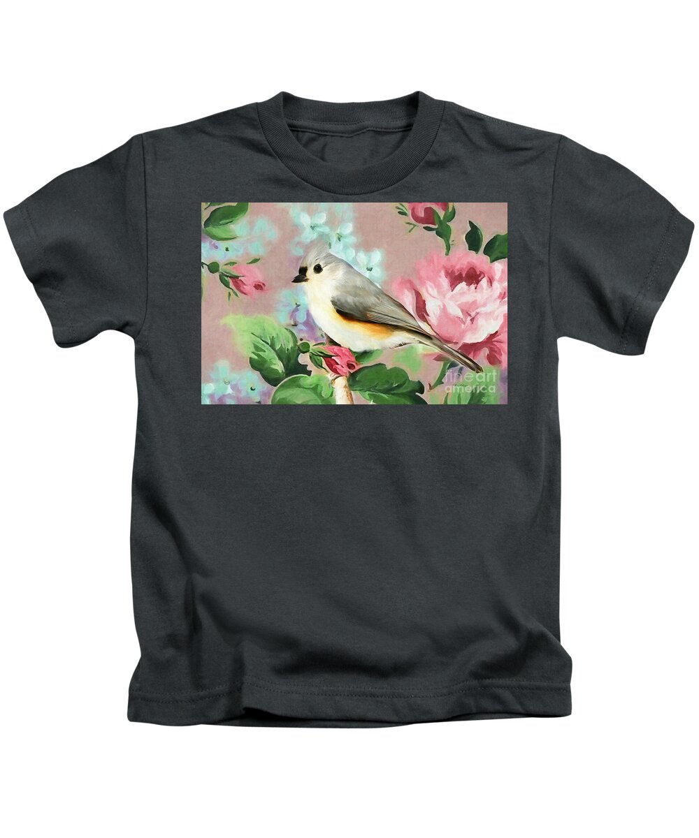 Titmouse Bird Kids T-Shirt featuring the painting Sweet Tufted Titmouse by Tina LeCour