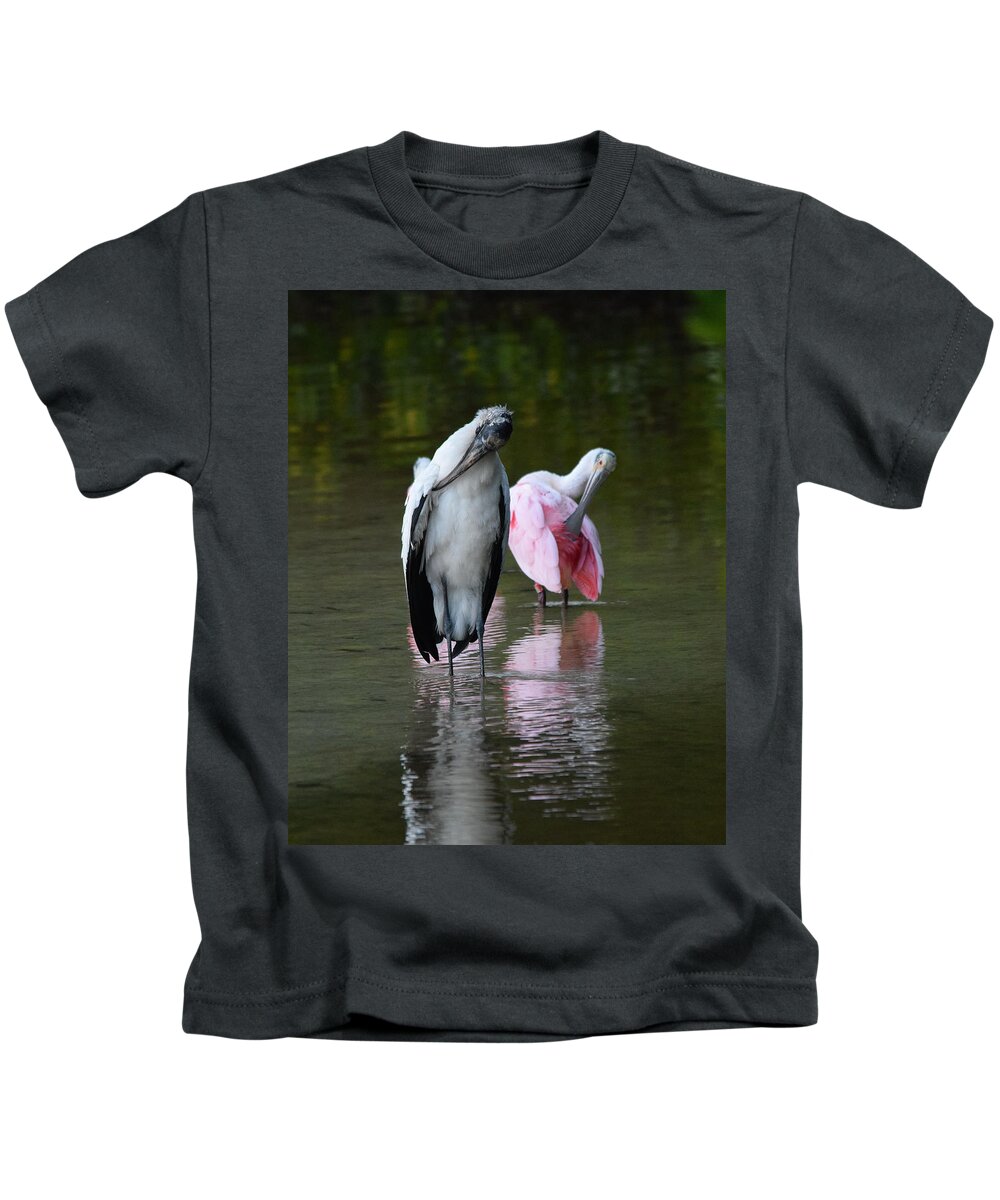 Wood Stork Kids T-Shirt featuring the photograph Synchronized Preening by Jim Bennight