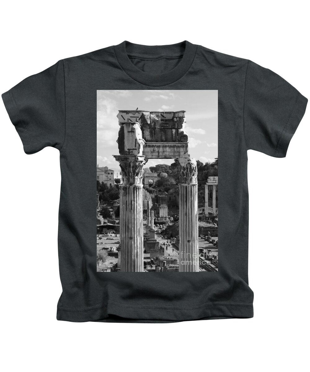 Italy Kids T-Shirt featuring the photograph Temple of Saturn Ruins in Black and White by Angela Rath