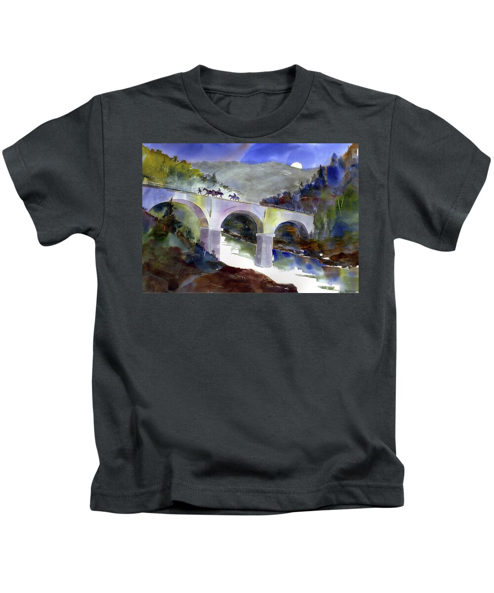No Hands Bridge Kids T-Shirt featuring the painting Tevis Crossing 3Am by Joan Chlarson