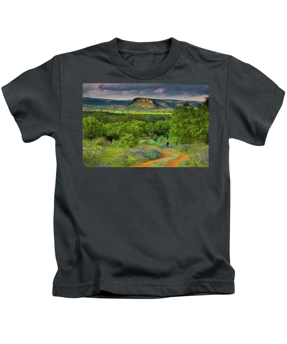 Texas Kids T-Shirt featuring the photograph Texas Hill Country Ranch Road by Darryl Dalton