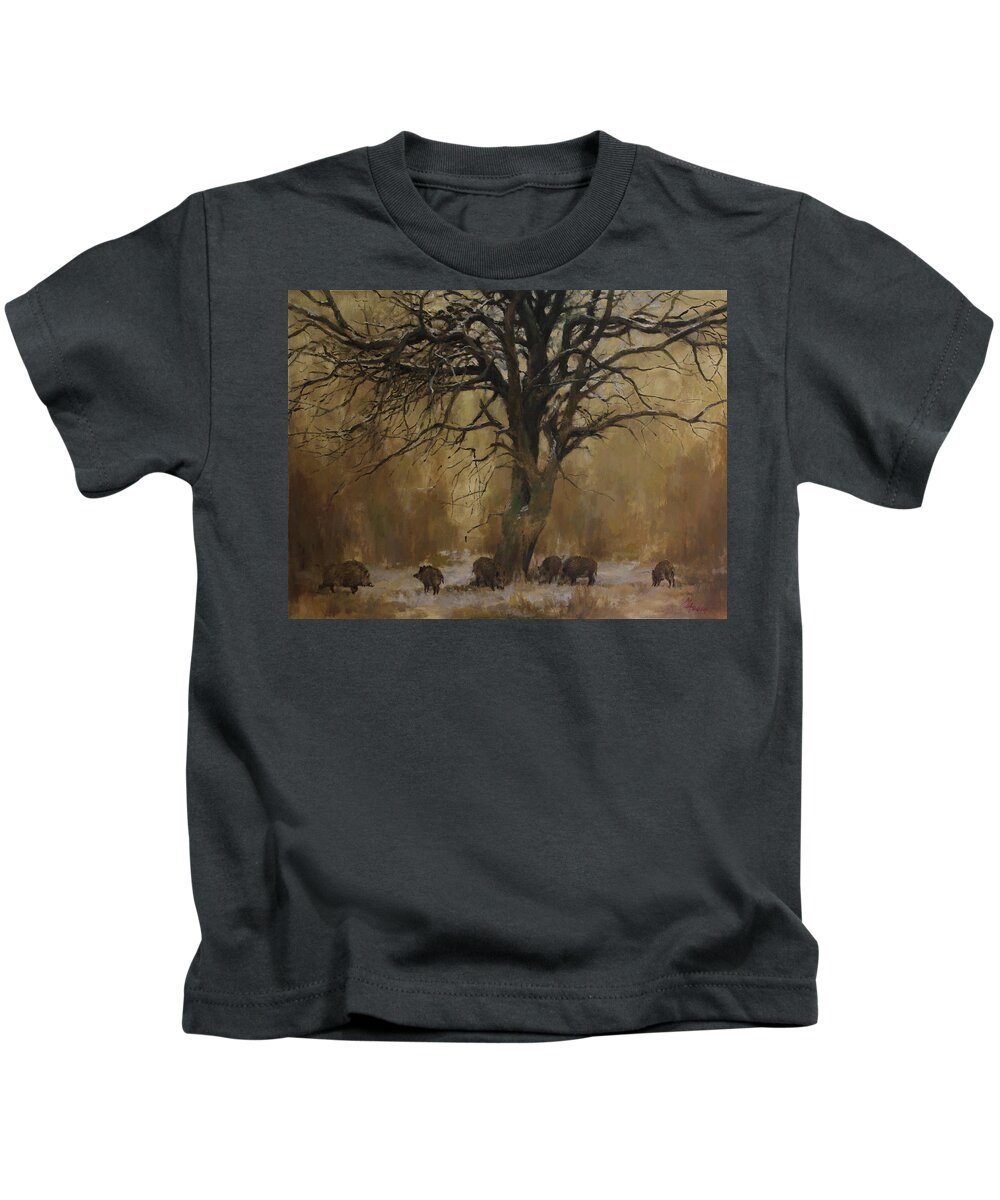 Boar Kids T-Shirt featuring the painting The Big Tree with Wild Boars by Attila Meszlenyi