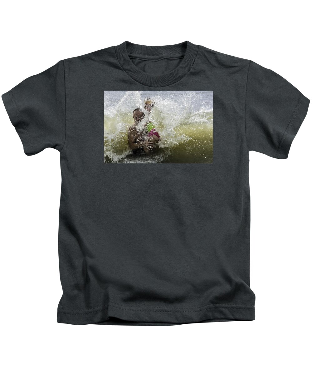 Ocean Beach Wave Surf Family Father Daughter Kids T-Shirt featuring the photograph The Boom by WAZgriffin Digital