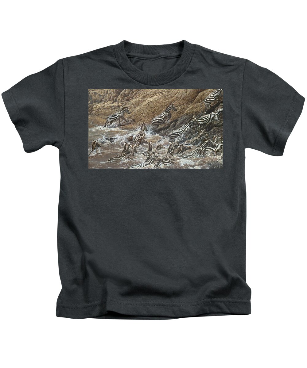 Wildlife Paintings Kids T-Shirt featuring the painting The Crossing - Zebra Migration by Alan M Hunt