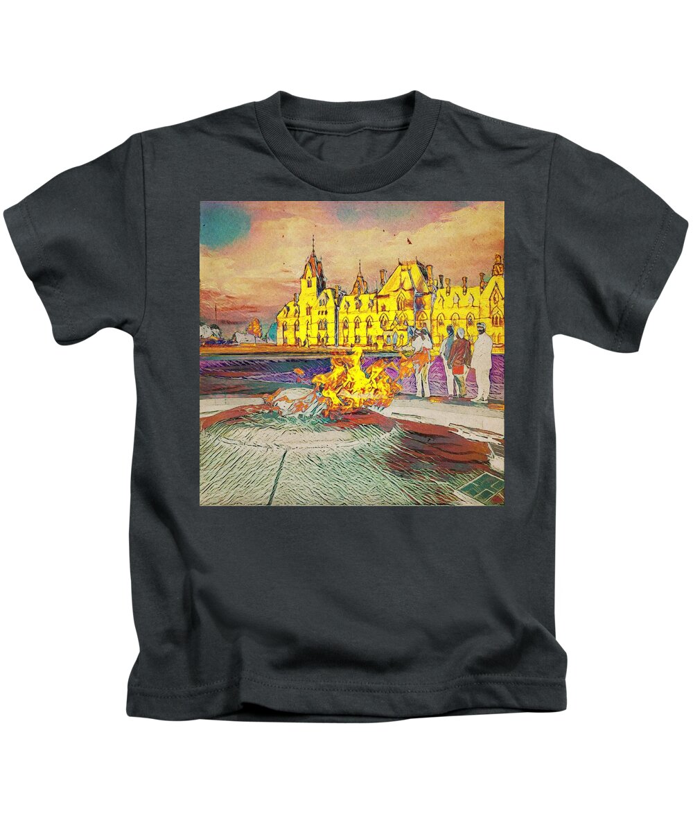 Flame Kids T-Shirt featuring the digital art The East Block and the Centennial Flame by Julius Reque
