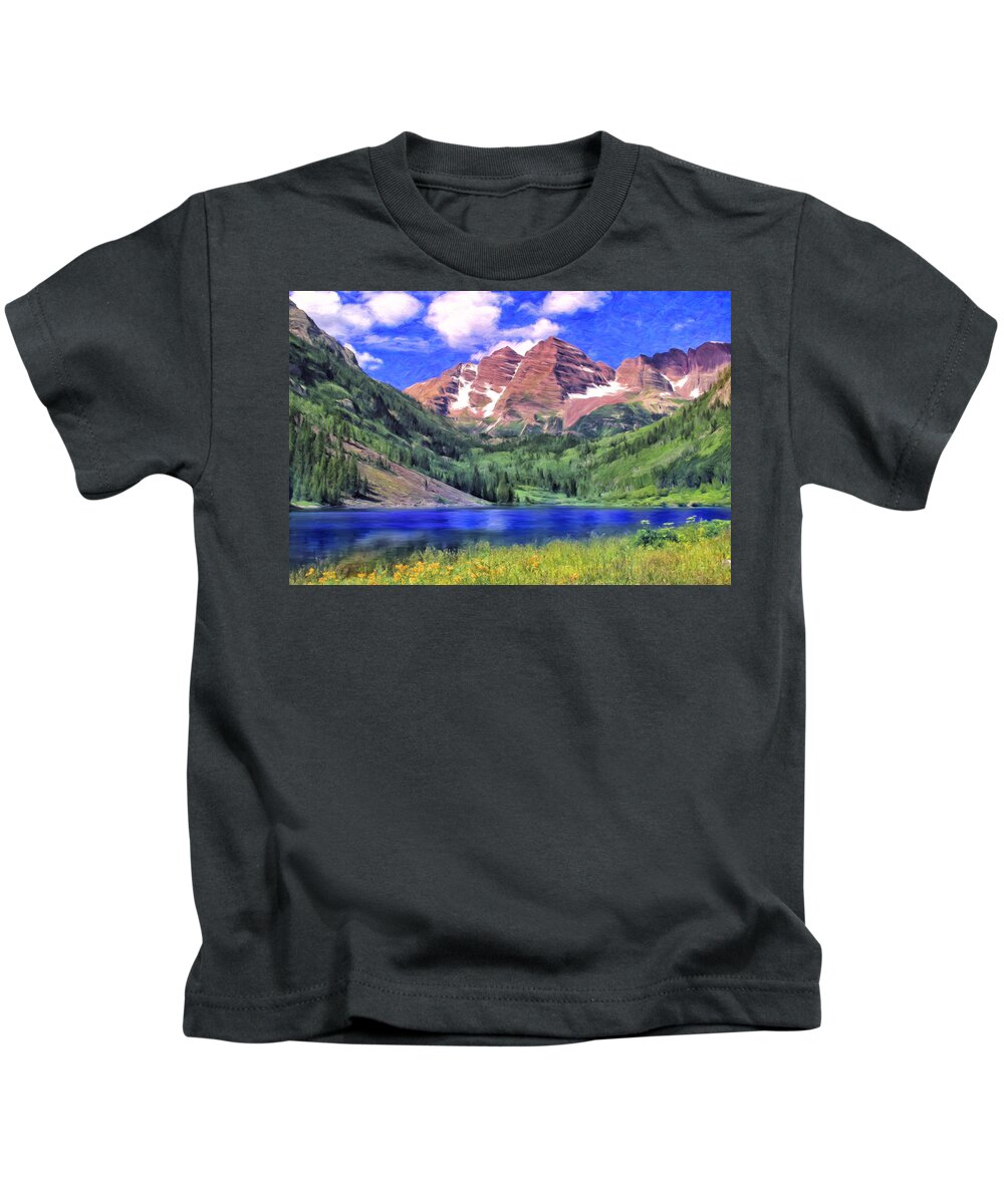 Maroon Bells Kids T-Shirt featuring the painting The Maroon Bells by Dominic Piperata