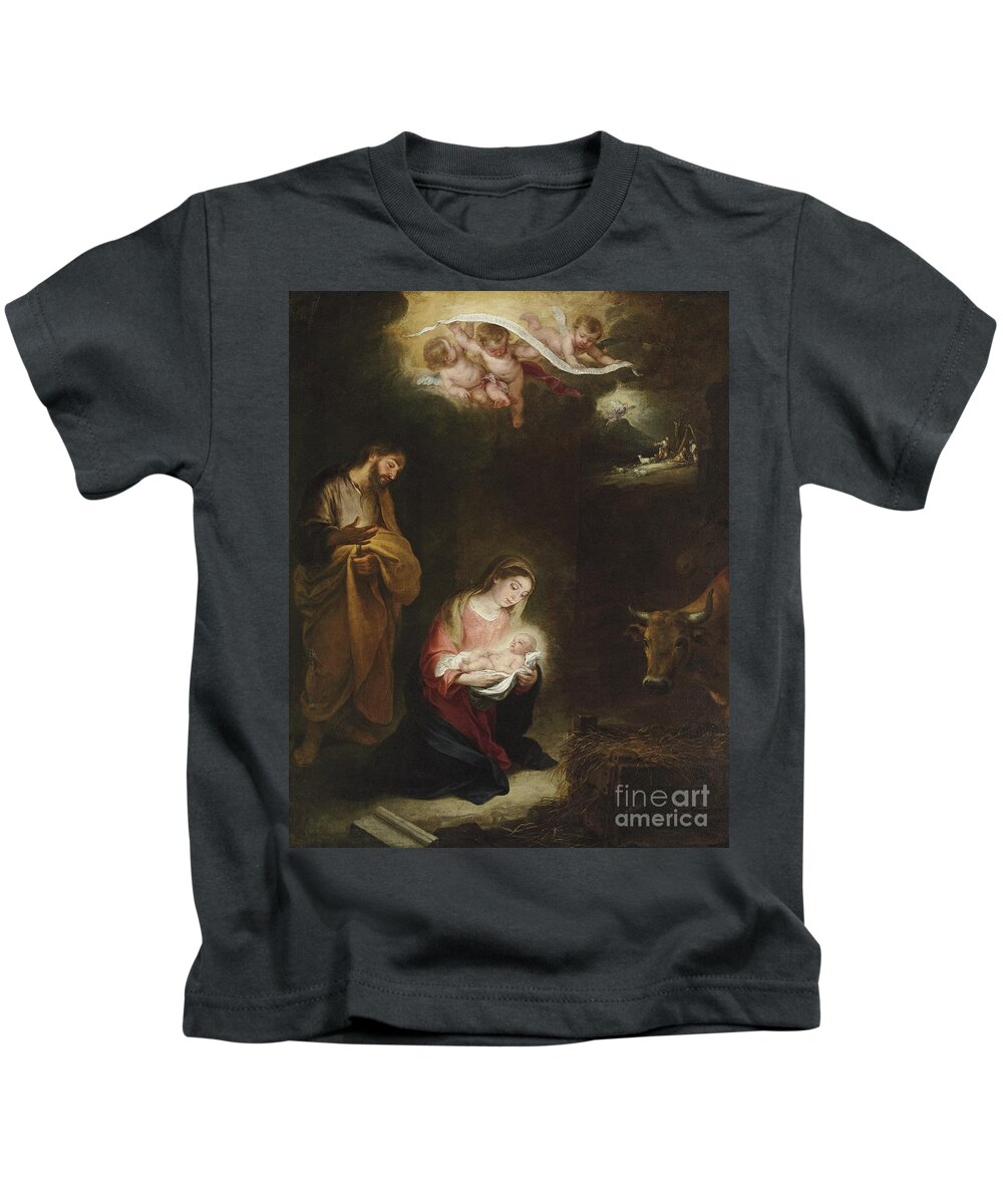 Murillo Kids T-Shirt featuring the painting The Nativity with the Annunciation to the Shepherds Beyond by Bartolome Esteban Murillo