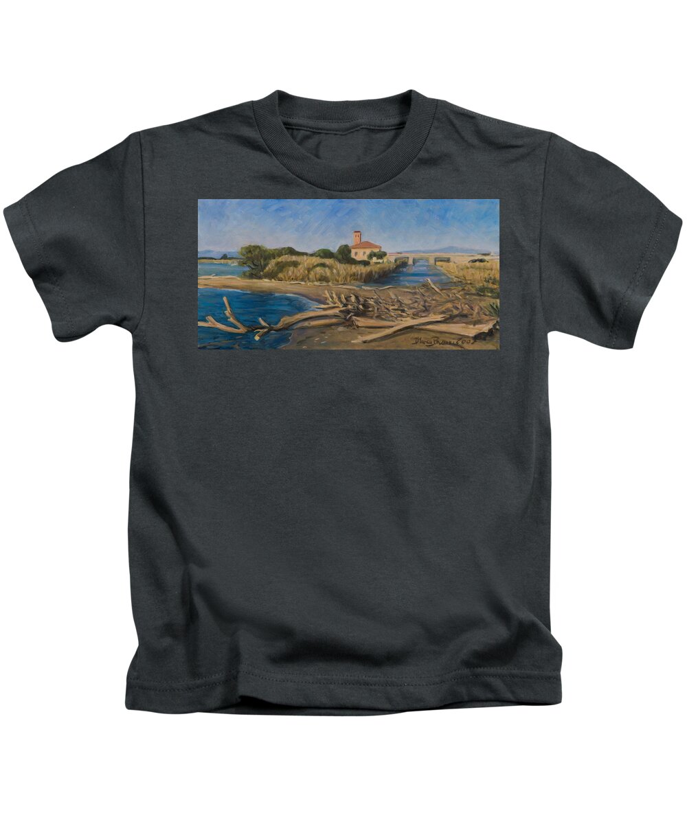 Tuscany Kids T-Shirt featuring the painting The outfall of Ombrone river by Marco Busoni