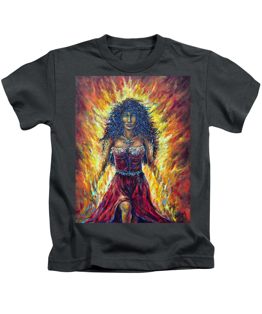 Fantasy Figurative Female Phoenix Fire Red Yellow Strength Passion Kids T-Shirt featuring the painting The Phoenix by Gail Butler