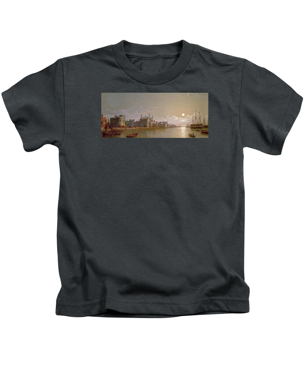 Thames Kids T-Shirt featuring the painting The Thames by Moonlight with Traitors' Gate and the Tower of London by Henry Pether