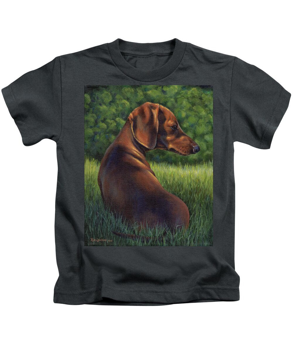 Dachshund Kids T-Shirt featuring the painting The Wise Wiener Dog by Kim Lockman